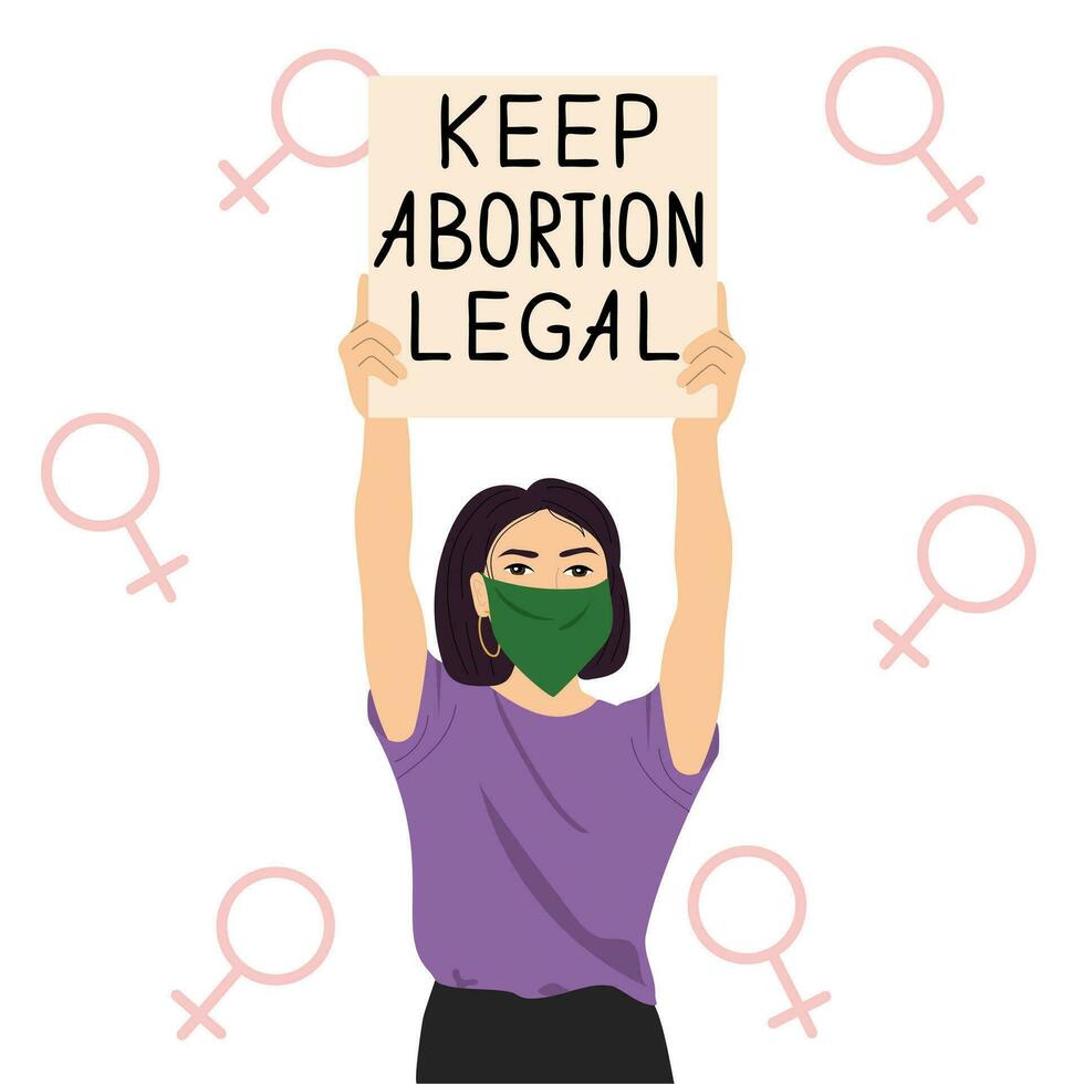 Woman in green bandana protesting against abortion law. vector