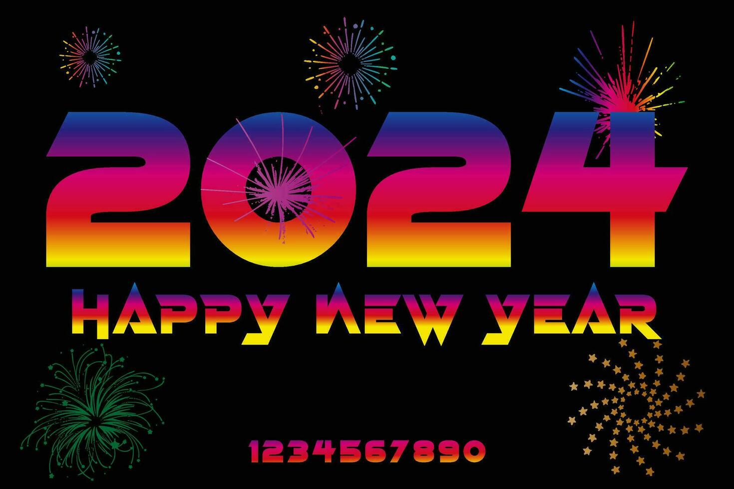 Happy New 2024 Year elegant gradient text with fireworks and light effects. Happy New Year 2024. vector
