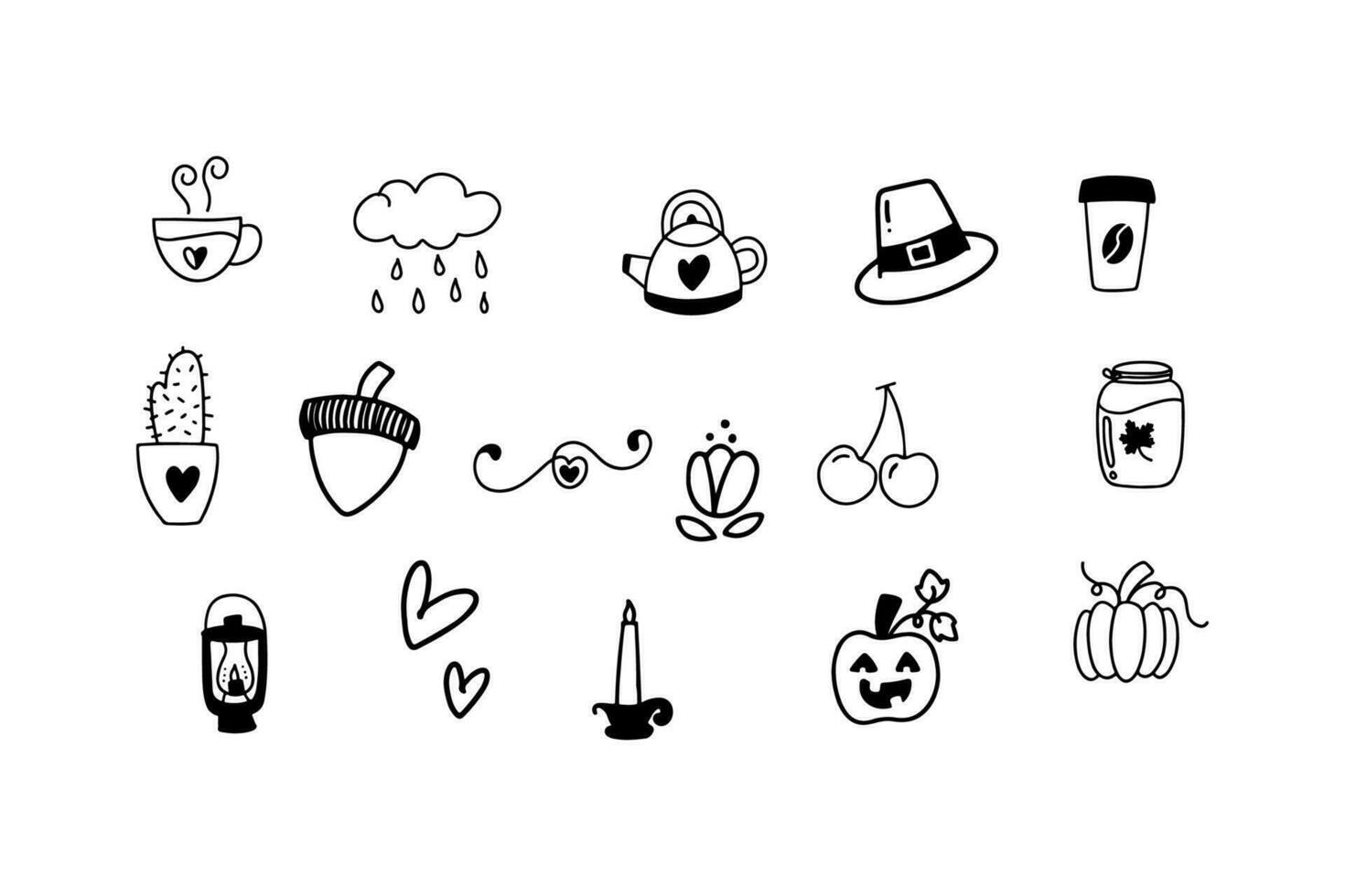 Doodle cartoon Halloween collection. Autumn outline vector icon collection.