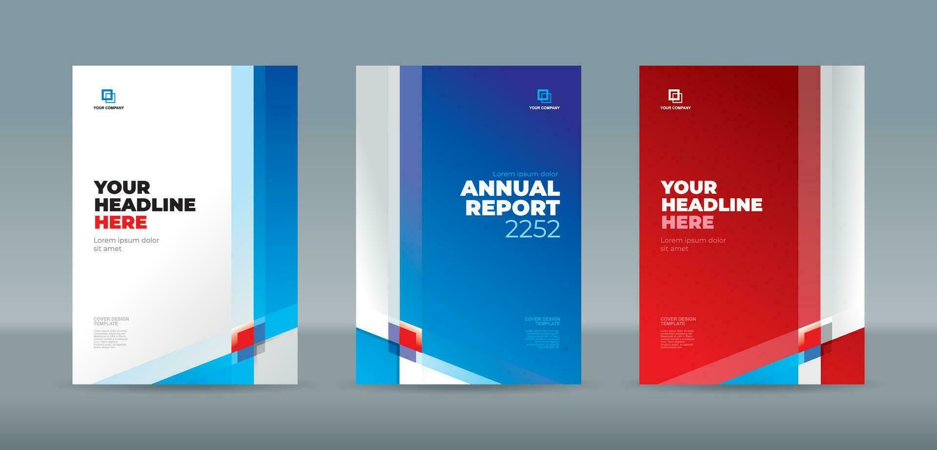 Modern square and triangle shape red, blue and white color theme, A4 sized book cover template for annual report, magazine, booklet, proposal, portfolio, brochure, poster, company profile vector