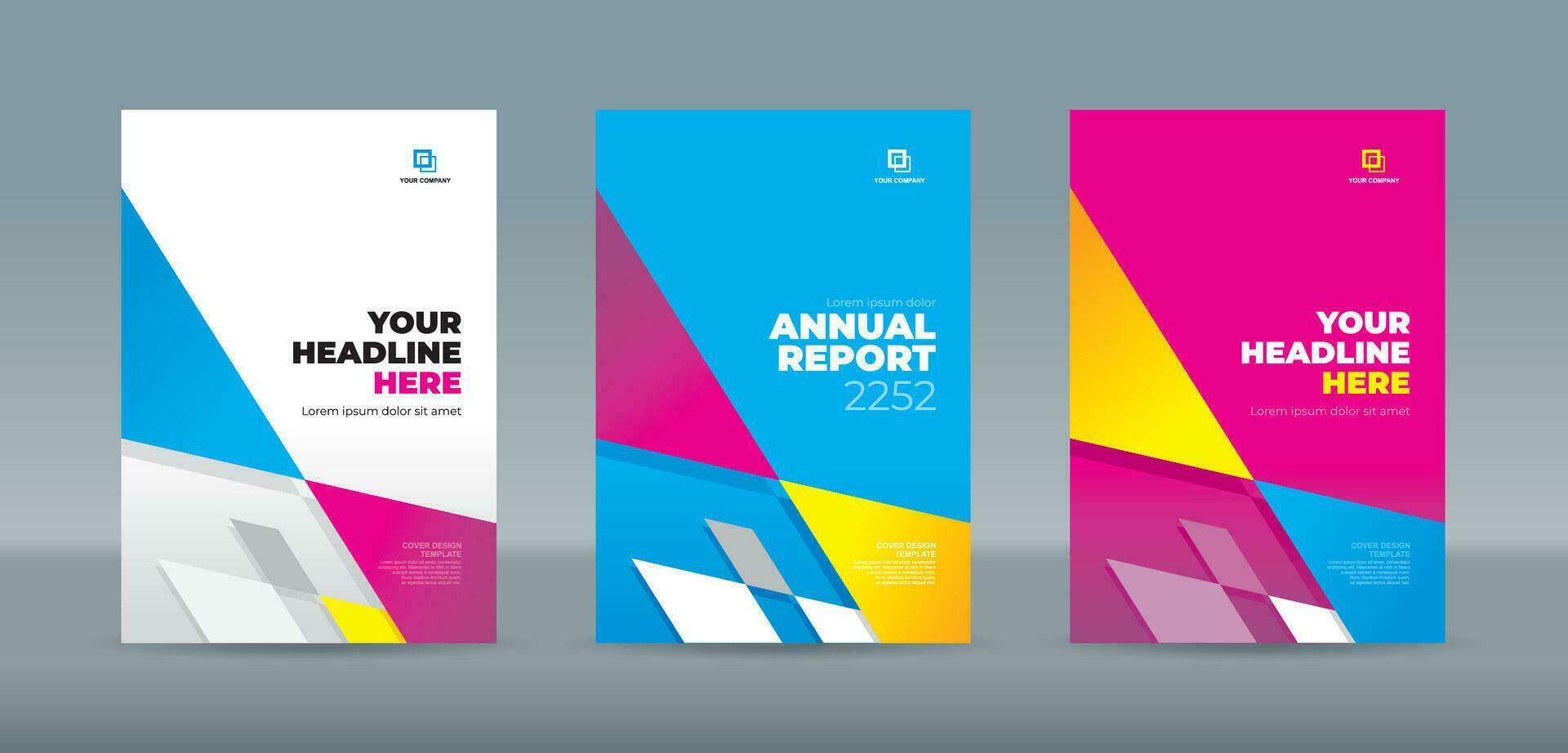 Random modern magenta, white, yellow and cyan triangles, book cover template. A4 size book cover template for annual report, magazine, booklet, proposal, portfolio, brochure, poster vector