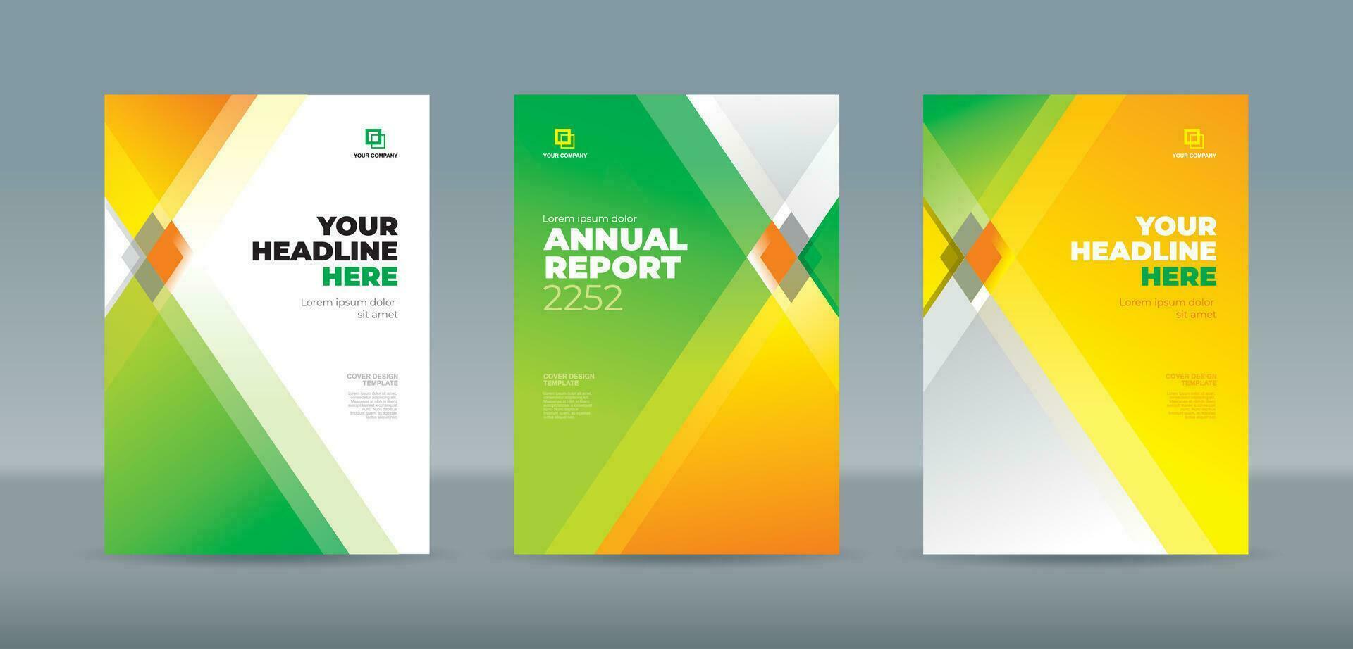 Modern square and triangle shape green, orange and white color theme, A4 sized book cover template for annual report, magazine, booklet, proposal, portfolio, brochure, poster, company profile vector