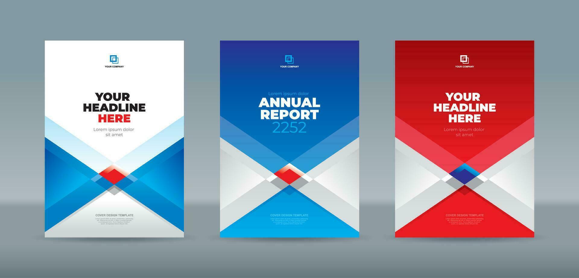 Modern square and triangle shape blue red and white color theme, A4 sized book cover template for annual report, magazine, booklet, proposal, portfolio, brochure, poster, company profile vector