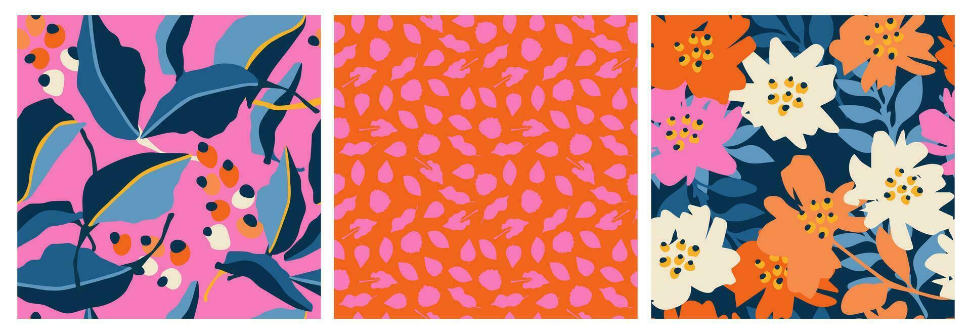 Set of hand drawn flowers, seamless patterns with floral for fabric, textiles, clothing, wrapping paper, cover, banner, interior decor, abstract backgrounds. vector