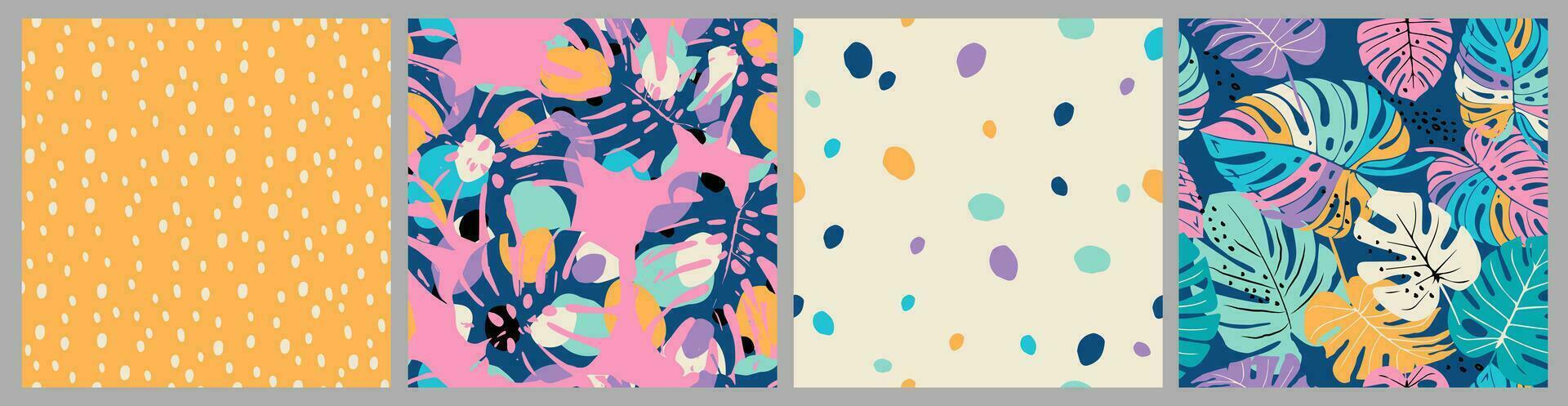 Set of Hand drawn tropical flowers, polka dot, stripe, abstract backgrounds. Seamless patterns with floral for fabric, textiles, clothing, wrapping paper, cover, interior decor. vector