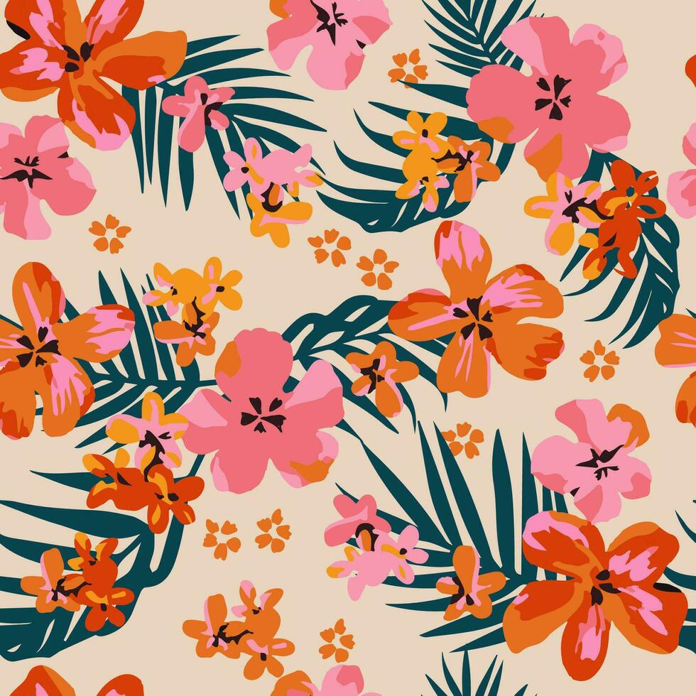 Tropical flower pattern seamless, silhouette of blooming, hand drawn botanical, Floral leaf for spring and Summer time, natural ornaments for textile, fabric, wallpaper, background design. vector