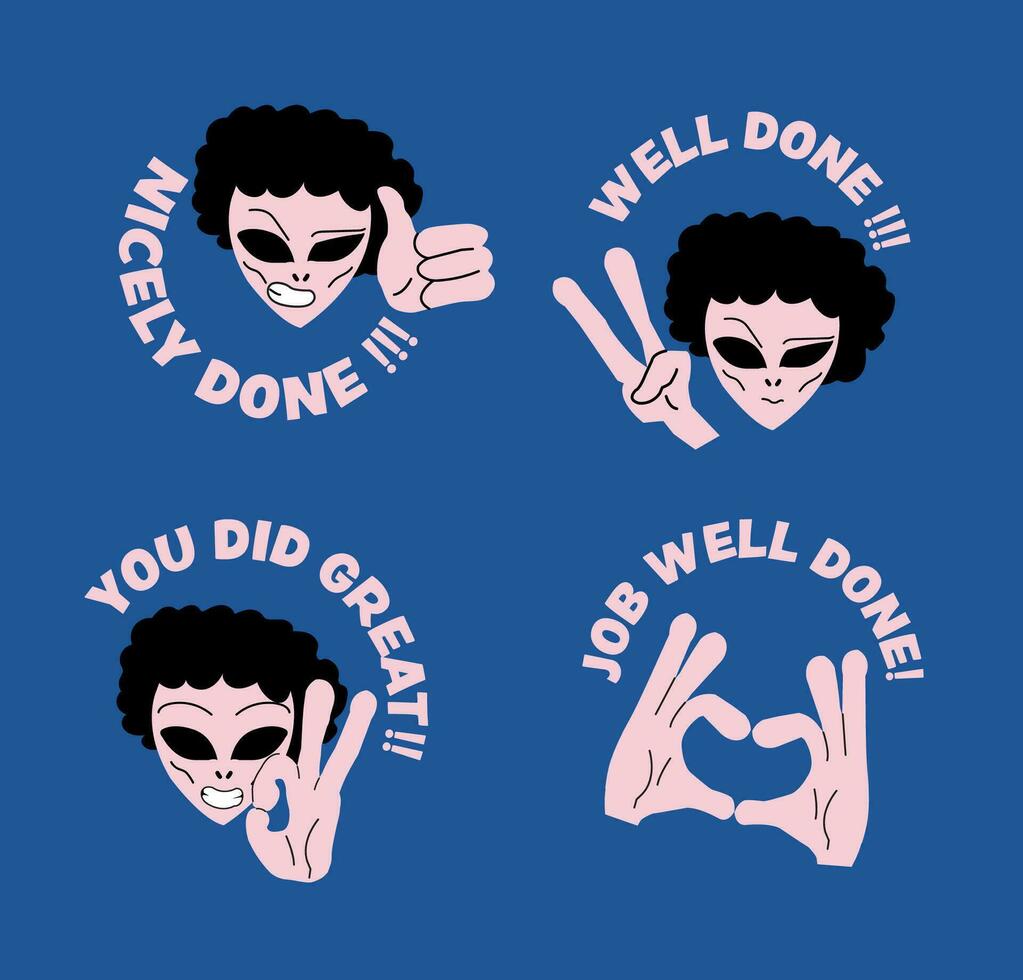 well-done school award stickers. retro alien stickers for middle school kids. back to school well-done stickers. vector