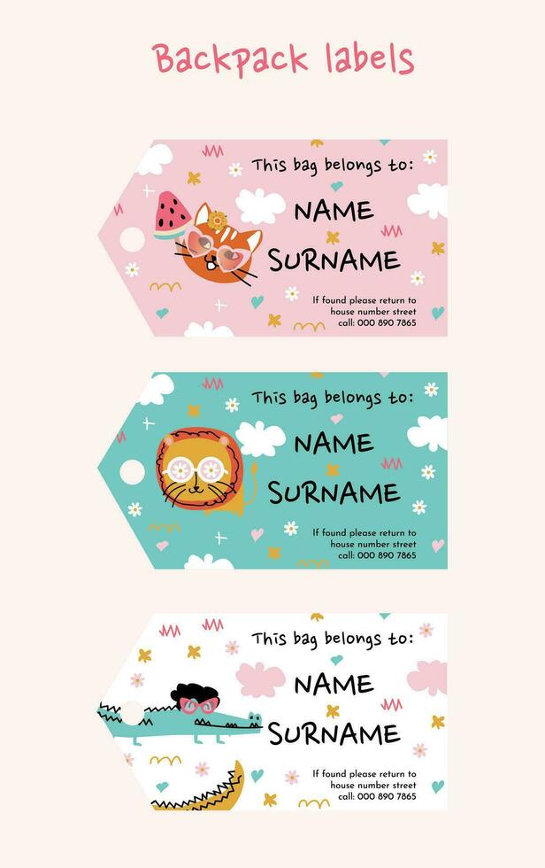 cute retro animal backpack labels for kindergarten and preschool kids. vector