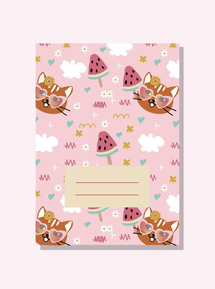 Hand-drawn notebook cover design. 1970s-style cute cat and watermelon pattern. vector