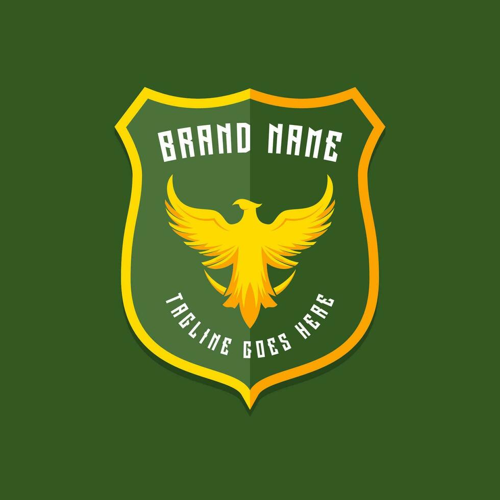 Military eagle logo on yellow green shield. Patriotic animal logotype vector illustration.