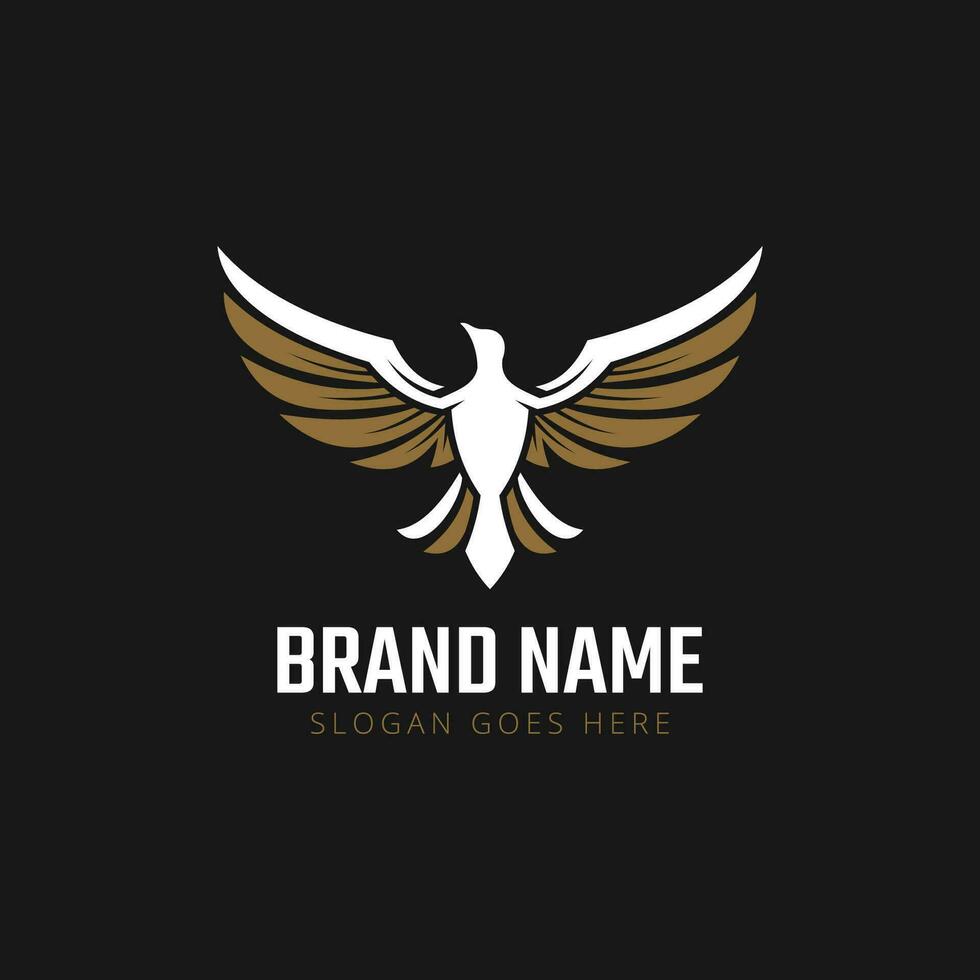 Premium luxury bird logo in white and gold color. Flying animal emblem logotype vector illustration.