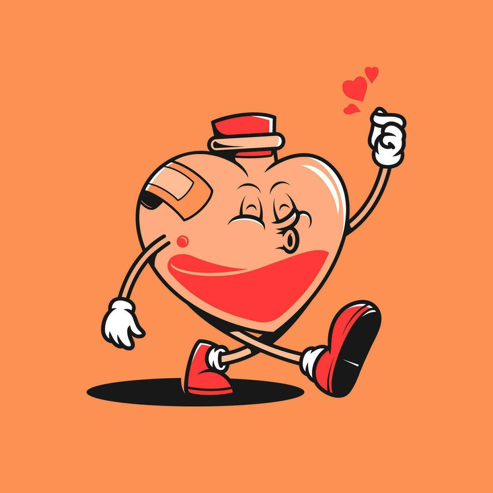 Retro love potion bottle cartoon character. Vintage mascot vector illustration.
