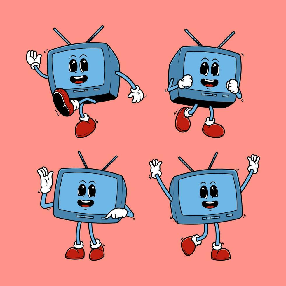 Set of cute retro television cartoon character in various pose. Vintage vector illustration of TV mascot.