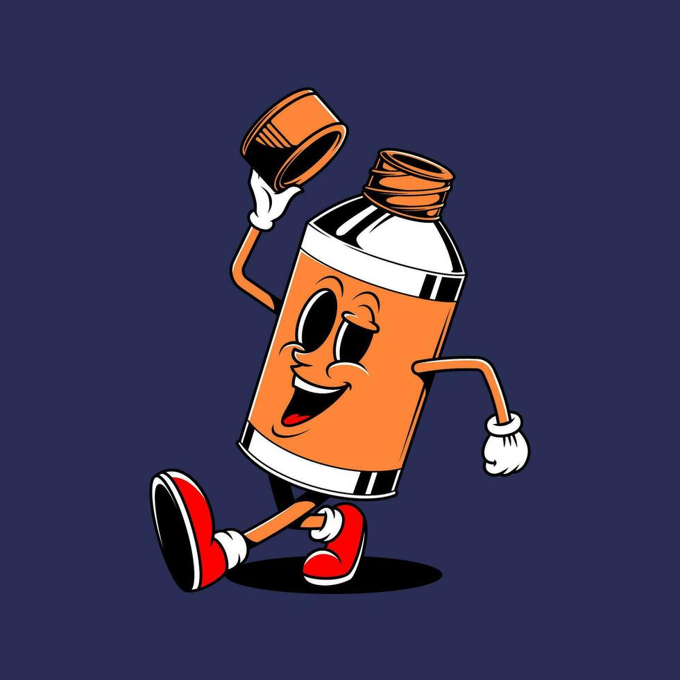 Cute vector illustration of retro walking bottle. Vintage mascot cartoon logo.
