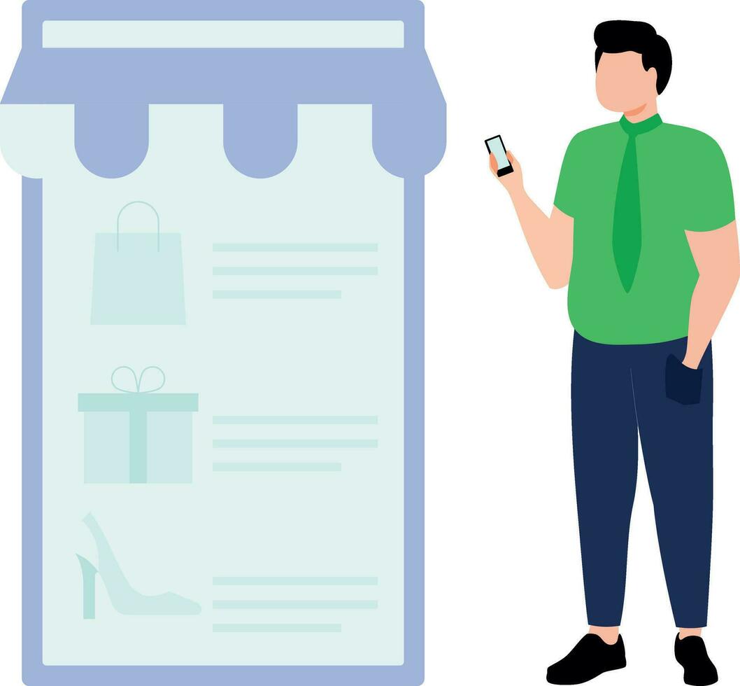 Boy looking at shopping list on mobile. vector