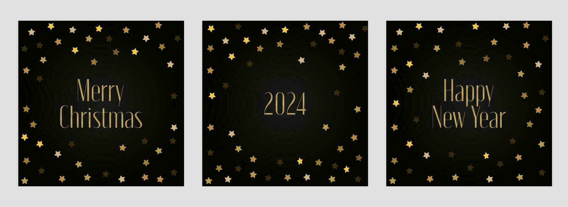 Set of 2024 Happy New Year and Merry Christmas greeting cards with cute golden stars on black background. Holiday festive square templates collection. Trendy posts for social media vector