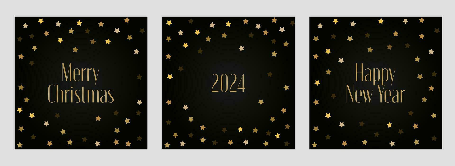 conjunto de 2024 contento nuevo año y alegre Navidad saludo tarjetas con linda dorado estrellas en negro antecedentes. fiesta festivo cuadrado plantillas recopilación. de moda publicaciones para social medios de comunicación vector