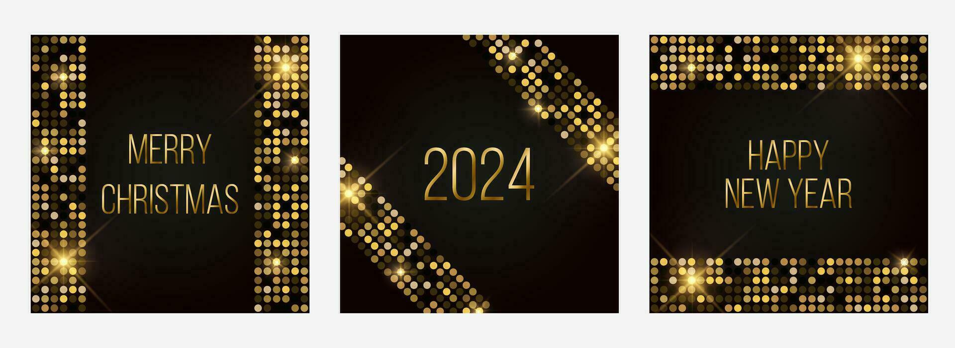 2024 Happy New Year and Merry Christmas luxury greeting cards set. Holiday greetings square templates collection with shiny golden glitter. Black and gold colors. Vector illustration