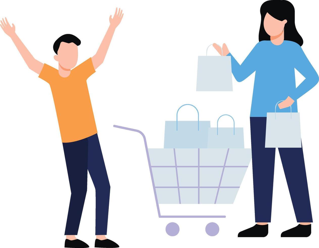 The boy is carrying a shopping trolley and the girl is carrying a shopping bag. vector