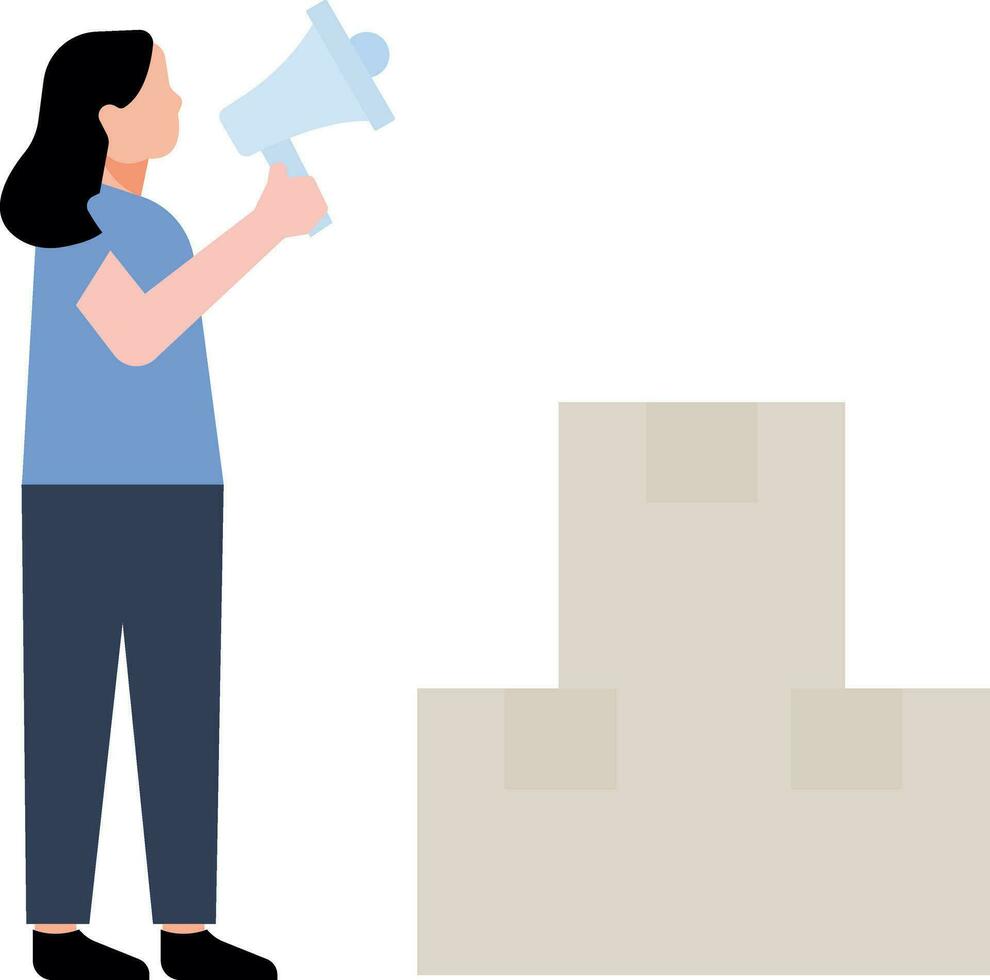 A girl stands near parcel boxes with a megaphone. vector