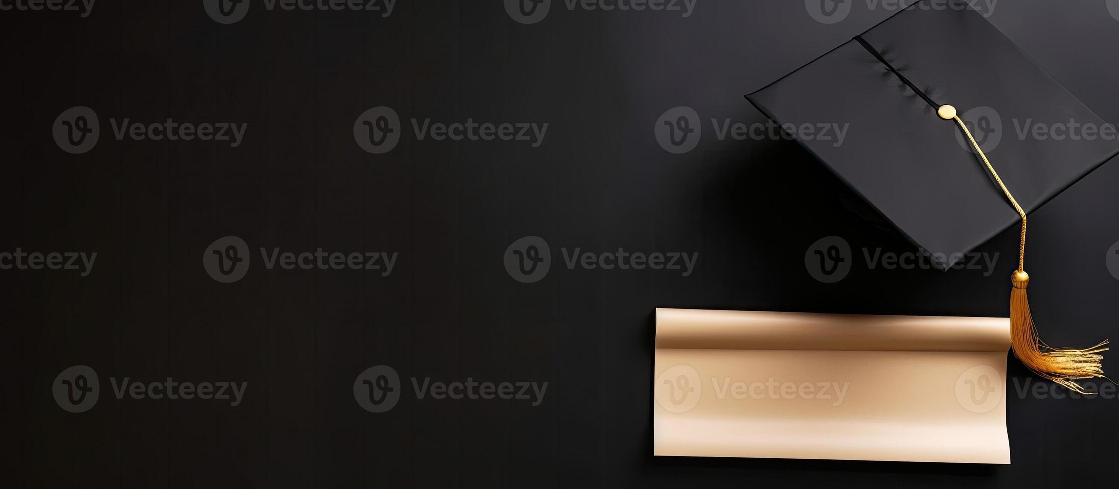 A graduation cap and a gold tassel on a black background created with Generative AI technology photo