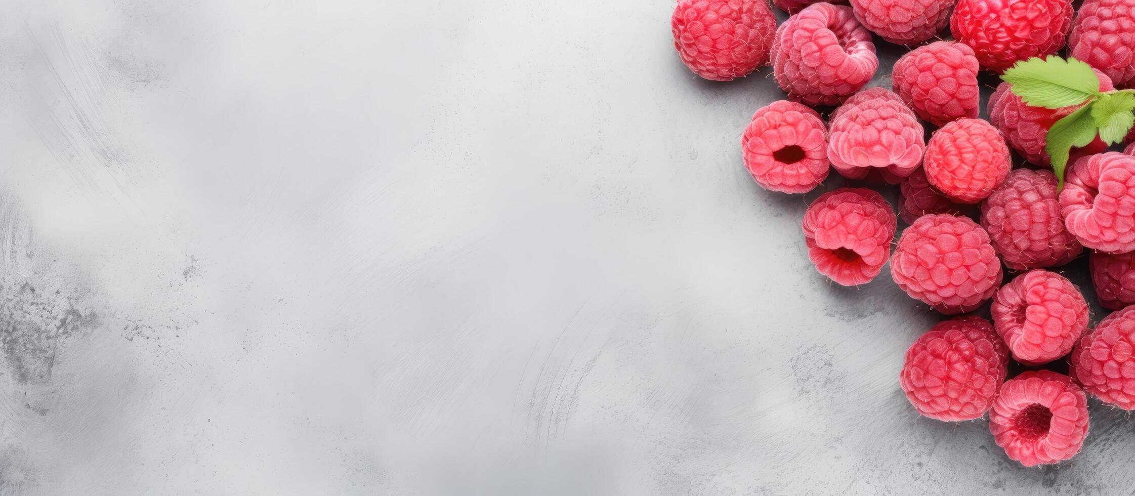 A bunch of raspberries with leaves on a gray background created with Generative AI technology photo