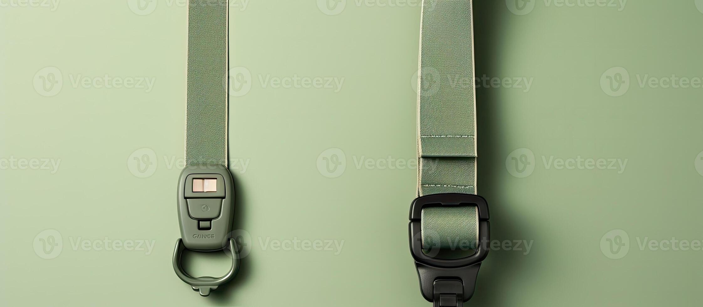 A pair of green lanyards hanging on a green wall created with technology photo