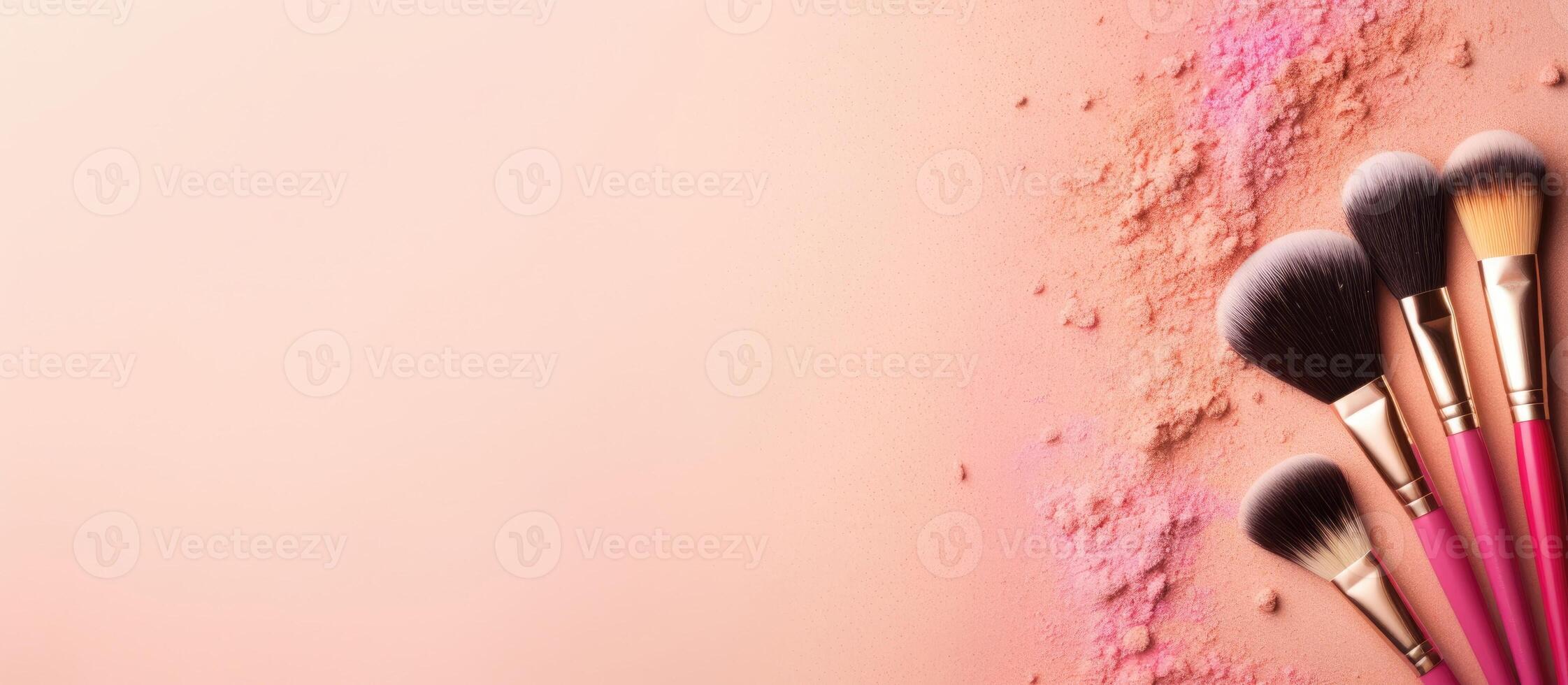 A group of makeup brushes sitting on top of a pink surface created with technology photo