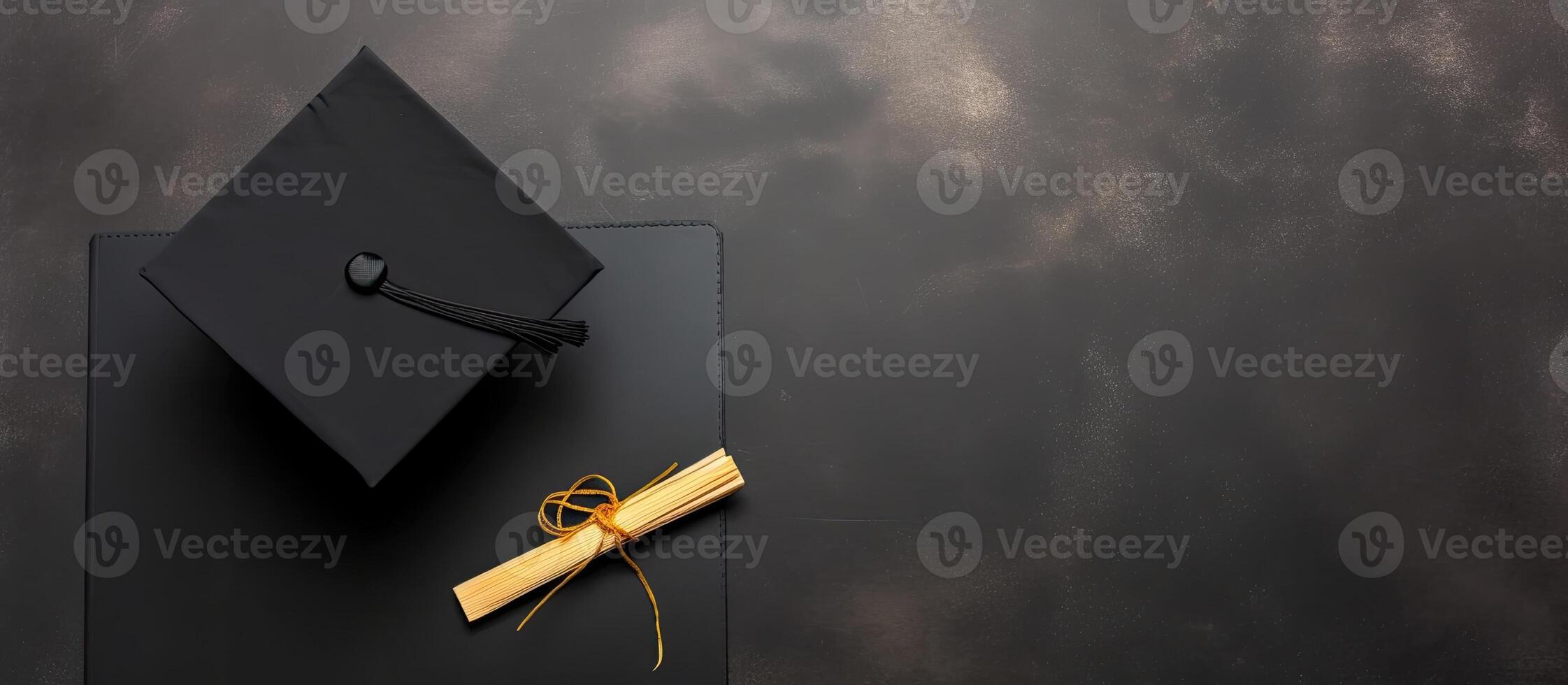 A black graduation cap and a yellow ribbon created with Generative AI technology photo