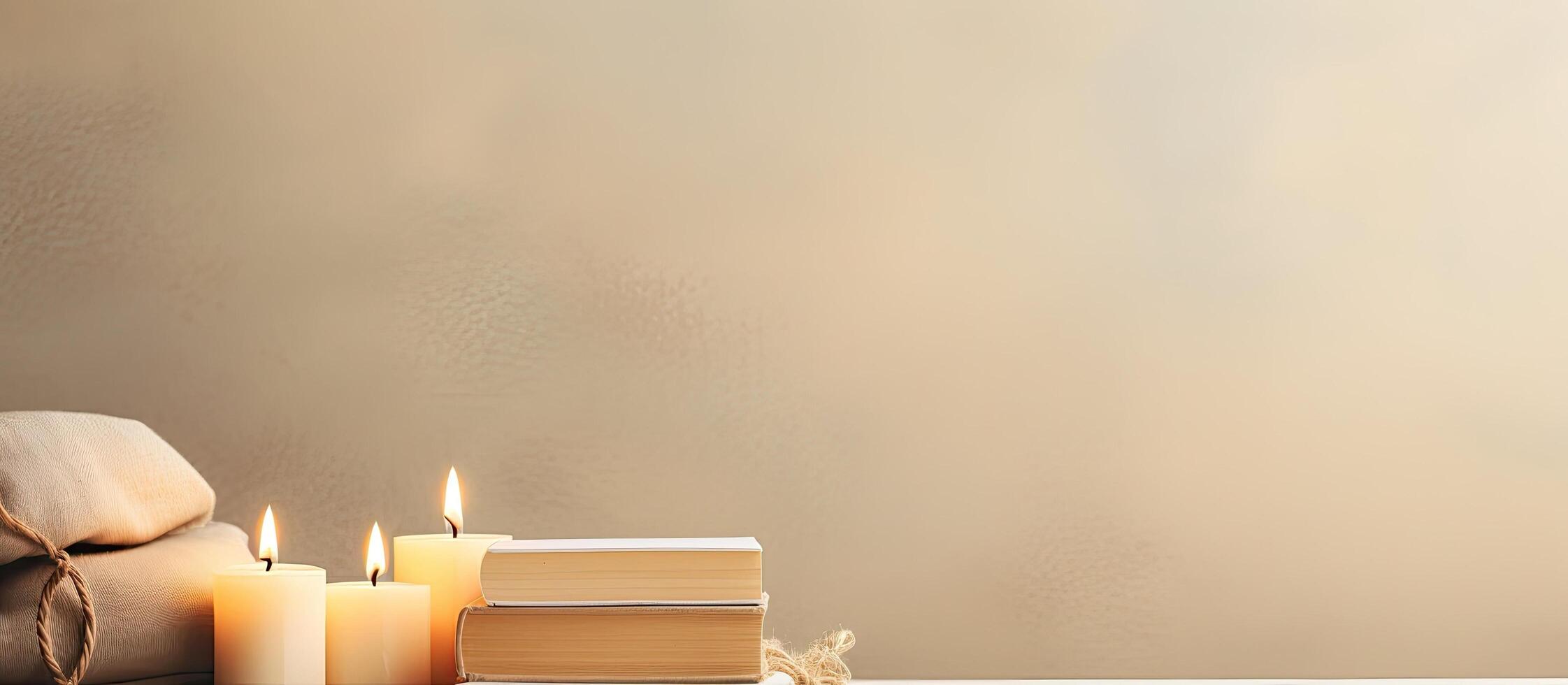 A stack of books sitting on top of a table next to a candle created with technology photo