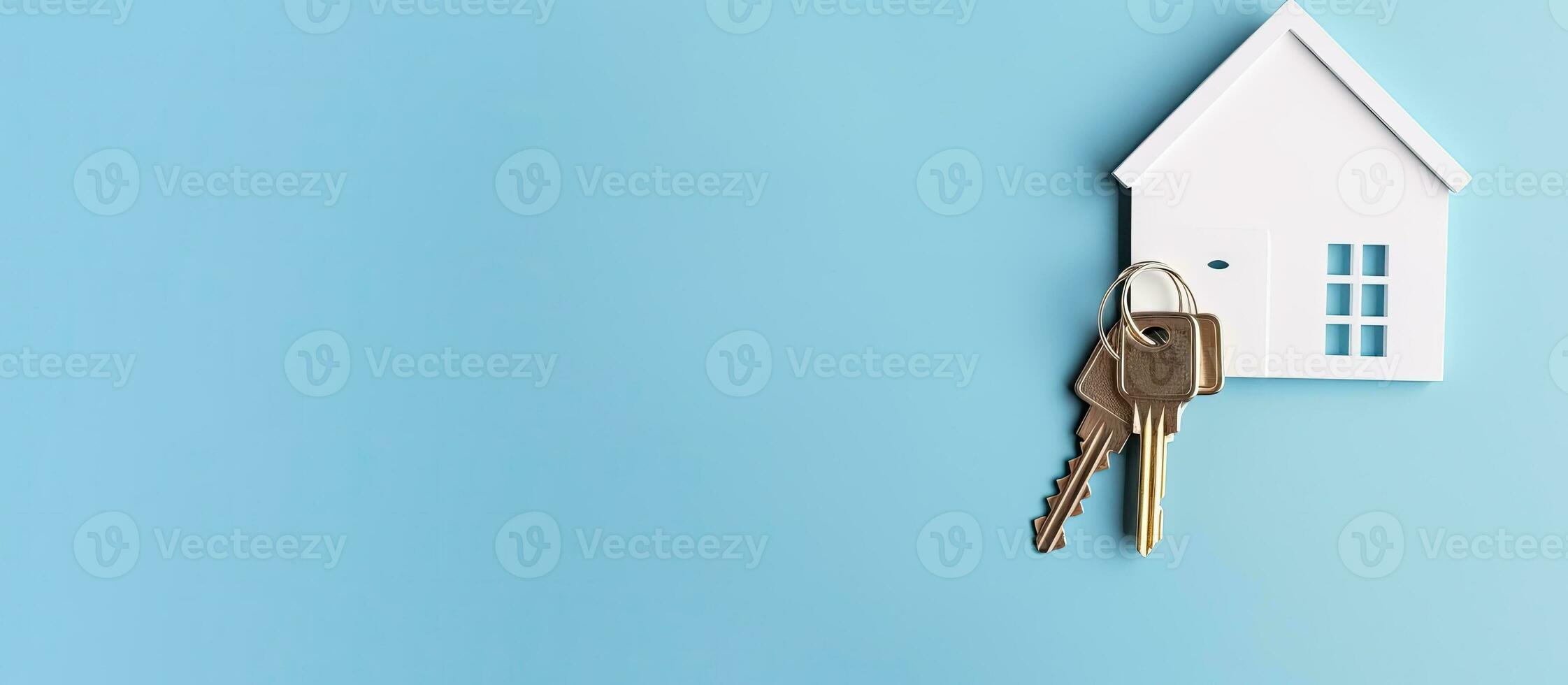 A house key hanging from a house shaped keychain created with Generative AI technology photo