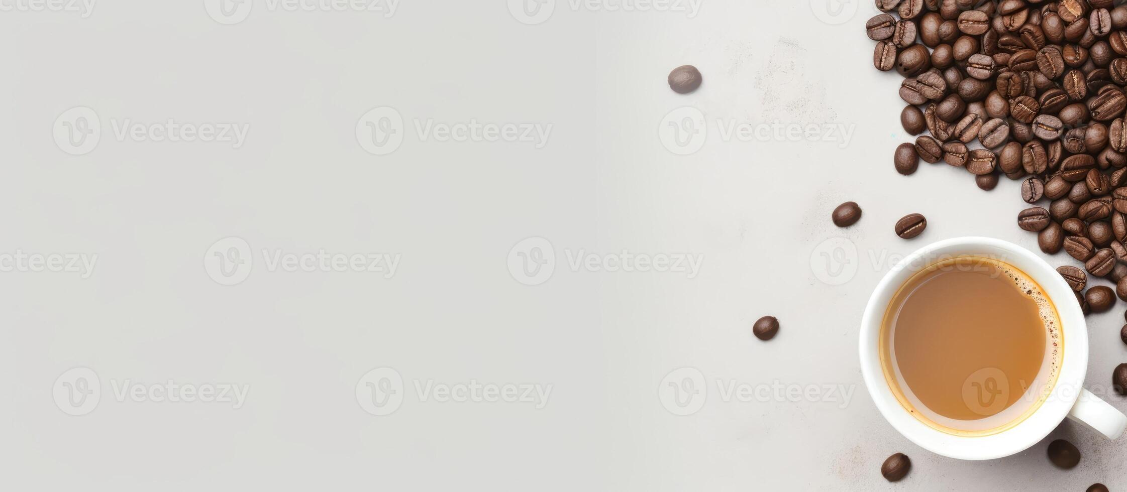 A cup of coffee next to a pile of coffee beans created with technology photo