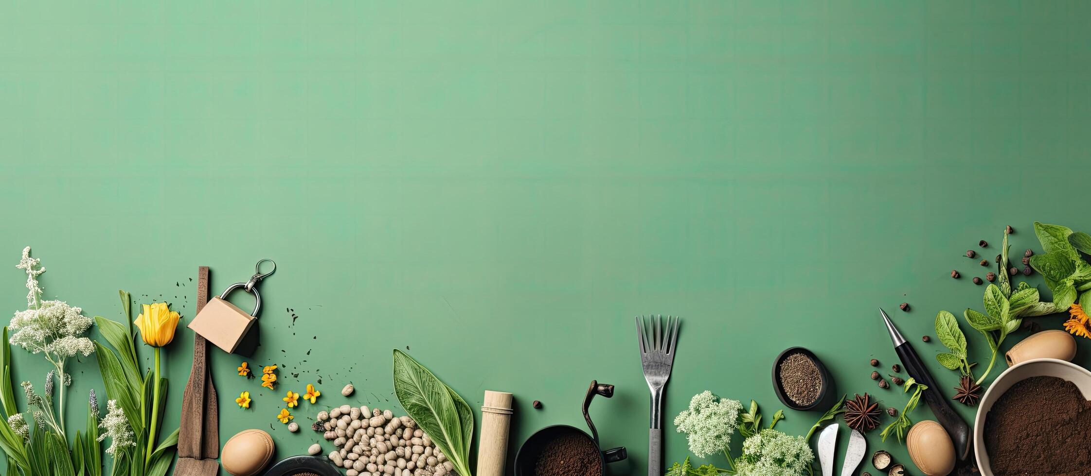 A green wall with gardening tools and flowers created with technology photo