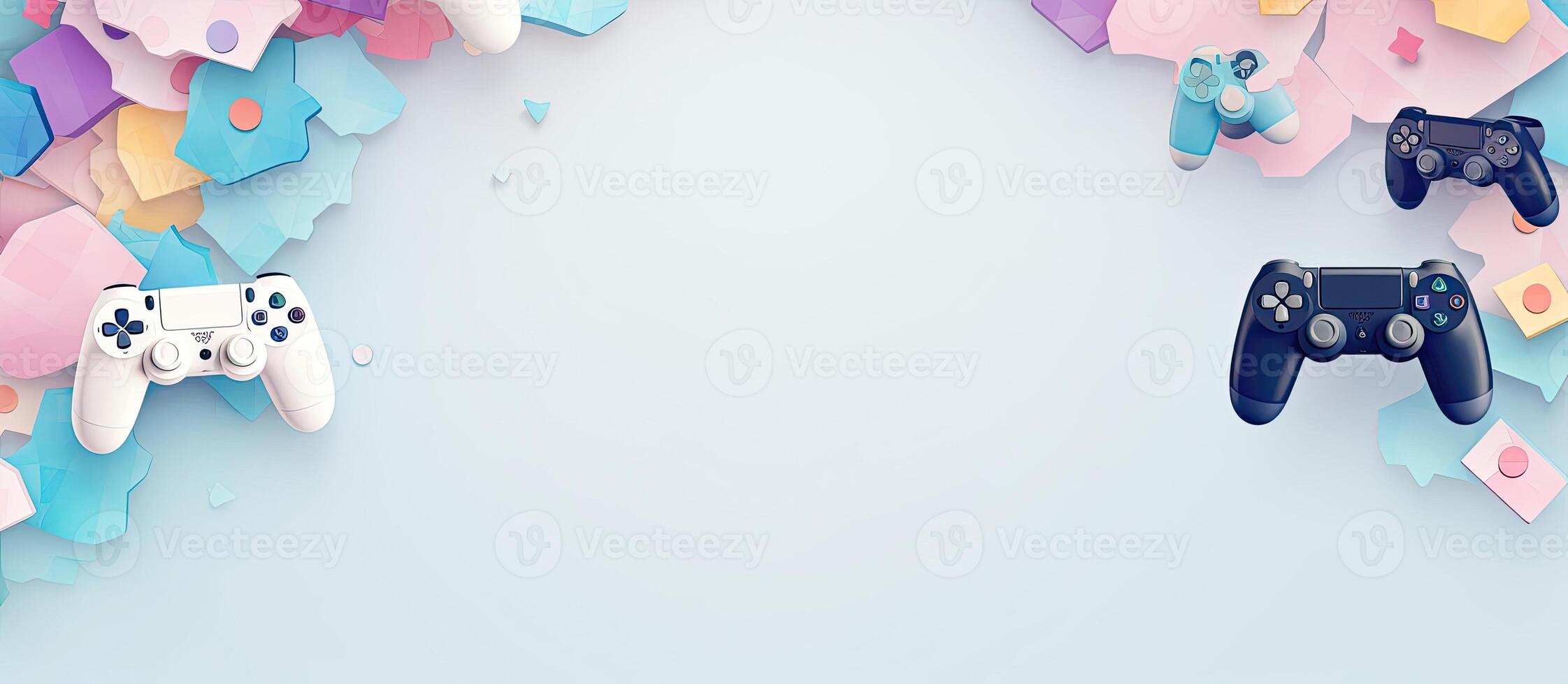 A group of game controllers sitting on top of a blue surface created with technology photo