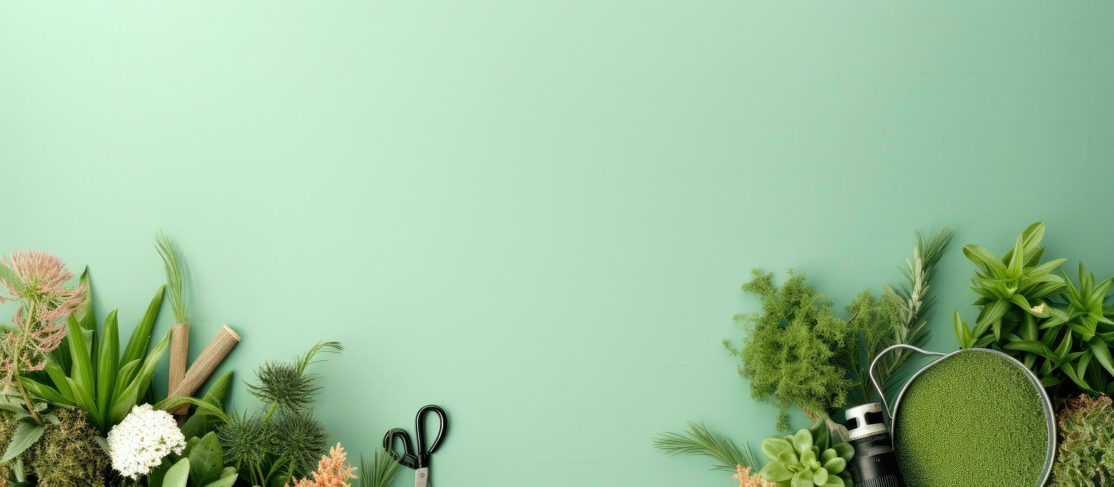 A green wall with a pair of scissors and a potted plant created with Generative AI technology photo