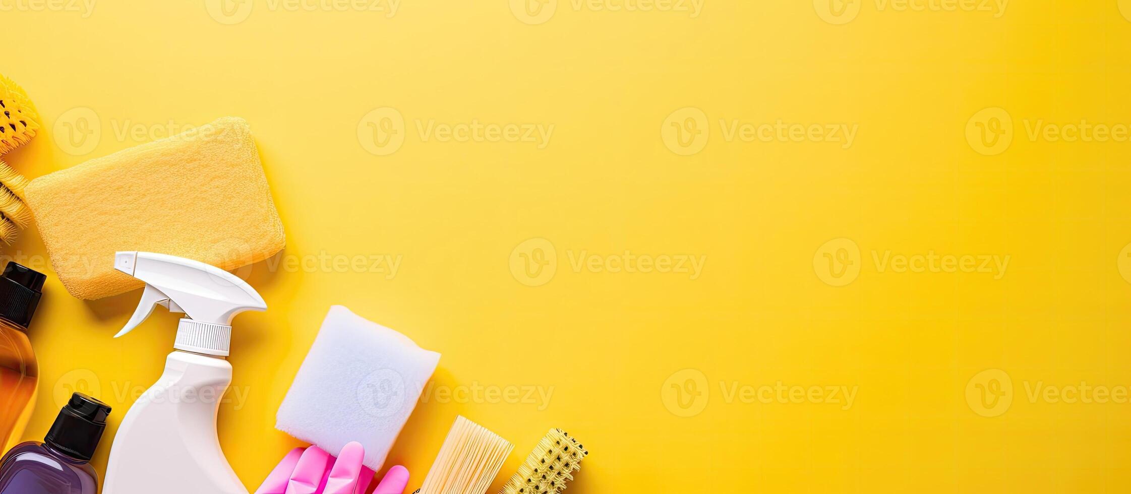 A variety of cleaning products on a yellow background created with technology photo