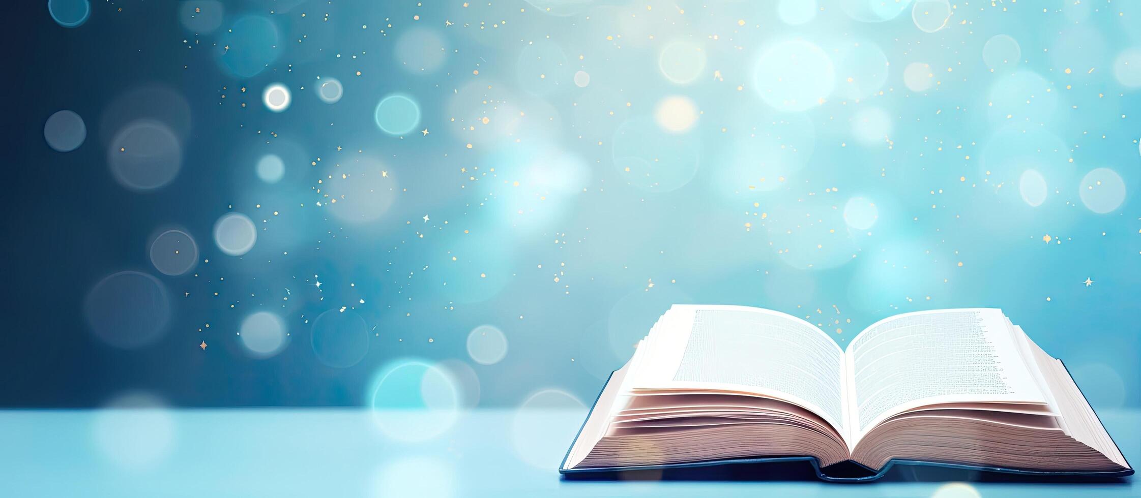 An open book sitting on top of a table created with technology photo