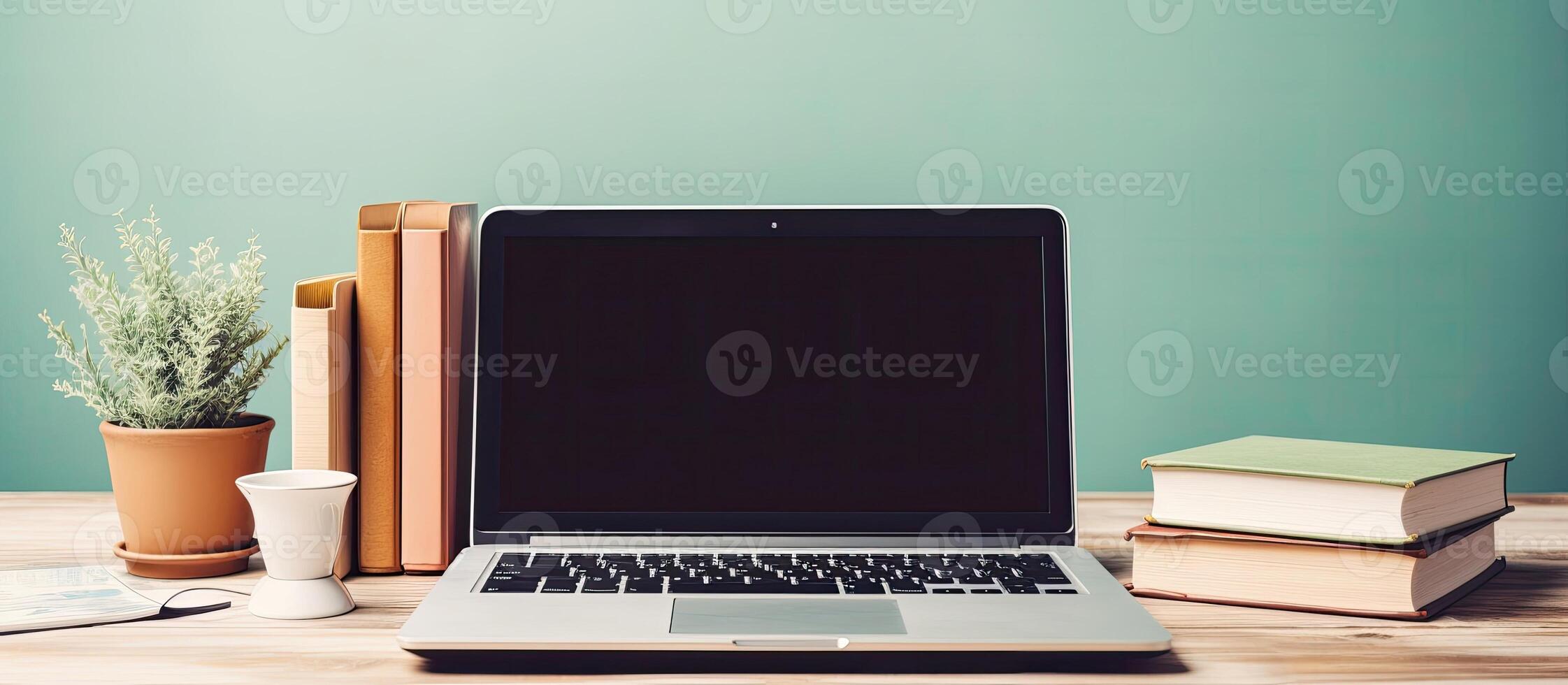 A laptop computer sitting on top of a wooden desk created with Generative AI technology photo