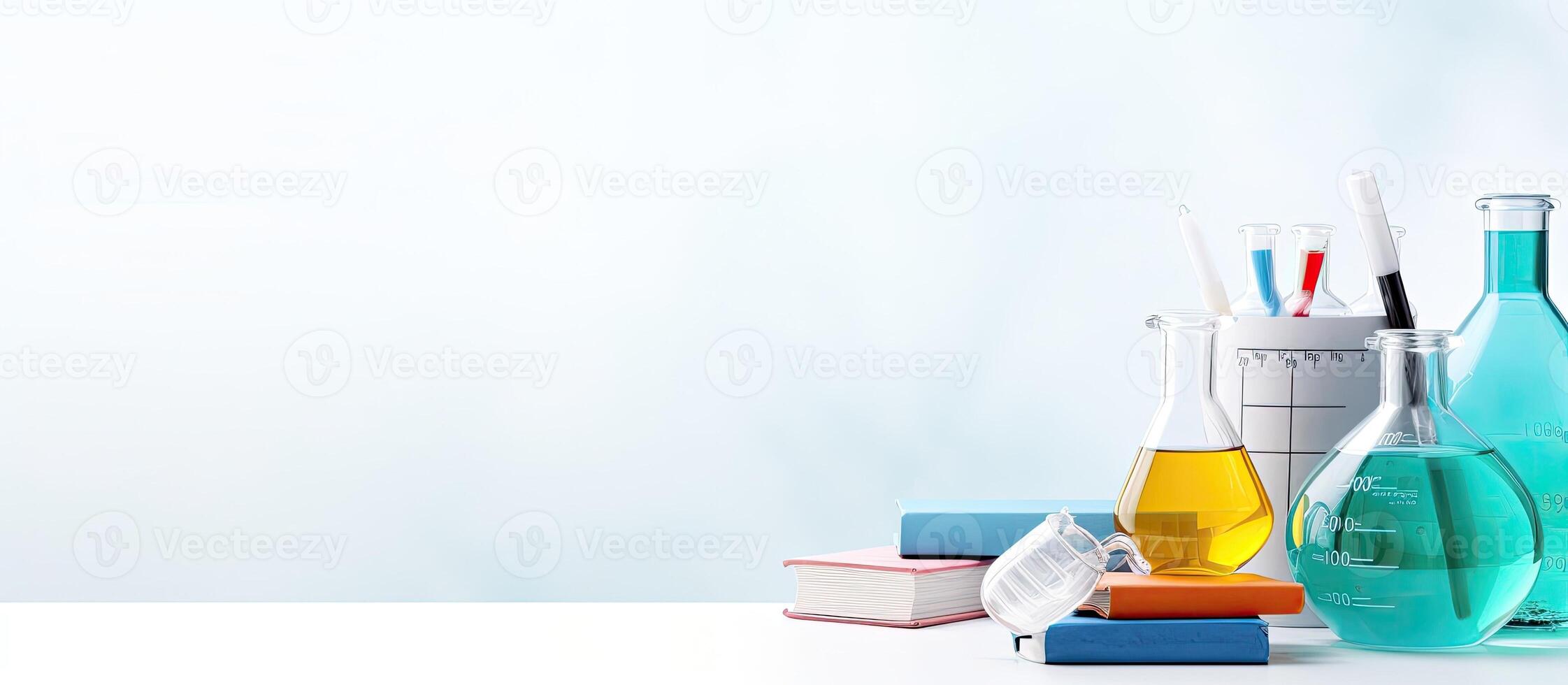 A white table topped with bottles filled with different colored liquids created with technology photo