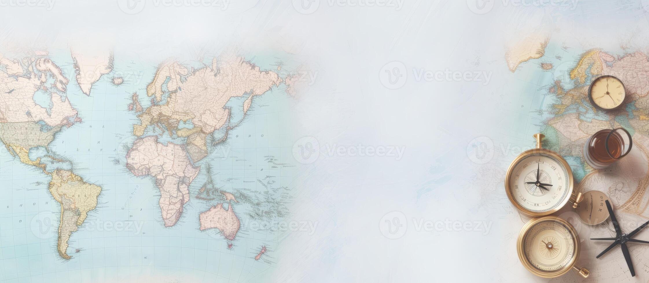 A map of the world with a compass and other items created with Generative AI technology photo