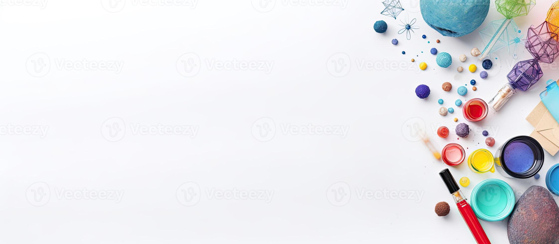A white table topped with lots of different colored paints created with technology photo