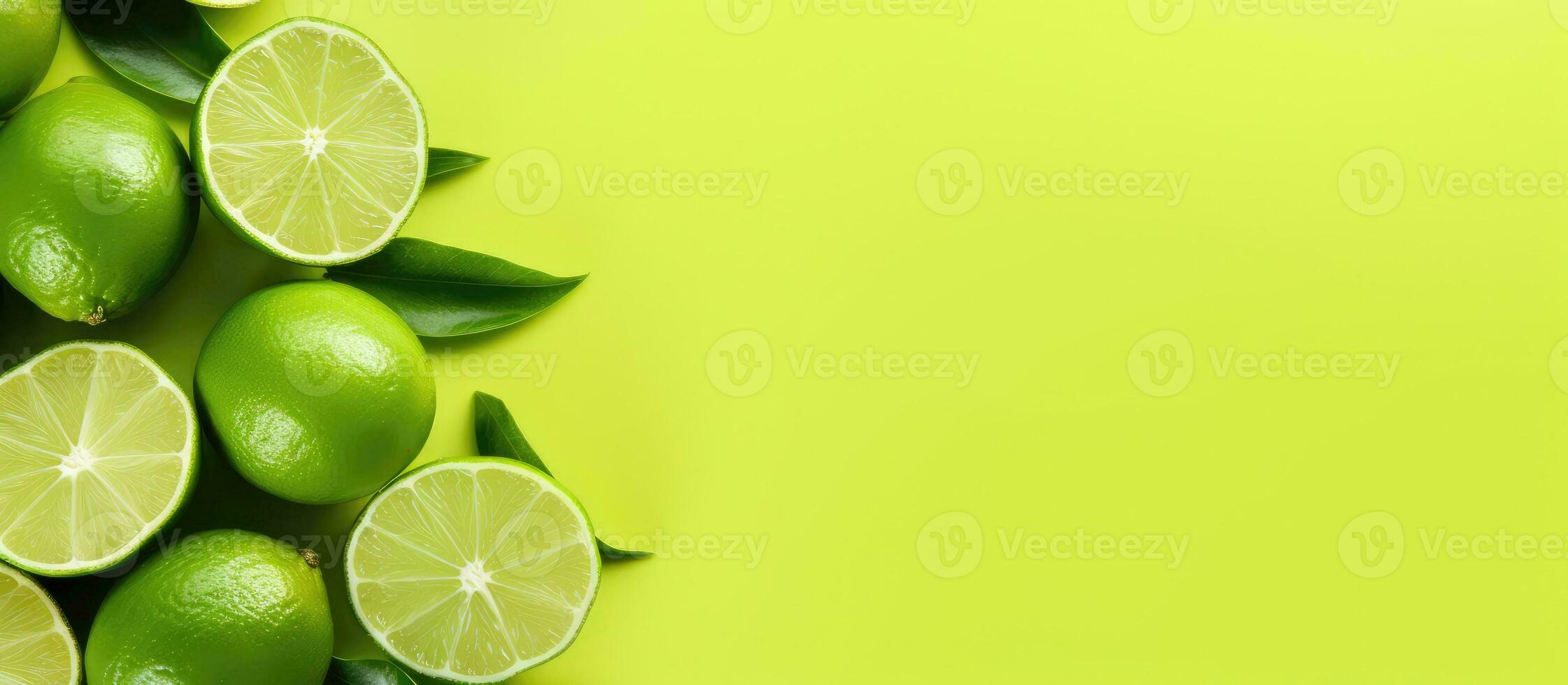 Limes and lime leaves on a bright green background created with Generative AI technology photo