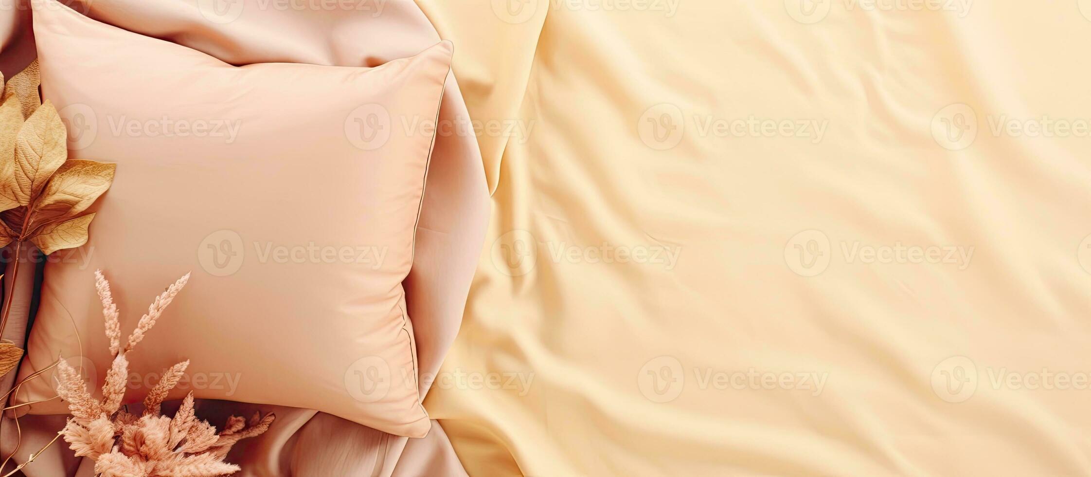 A close up of a bed with a pink comforter and pillows created with Generative AI technology photo