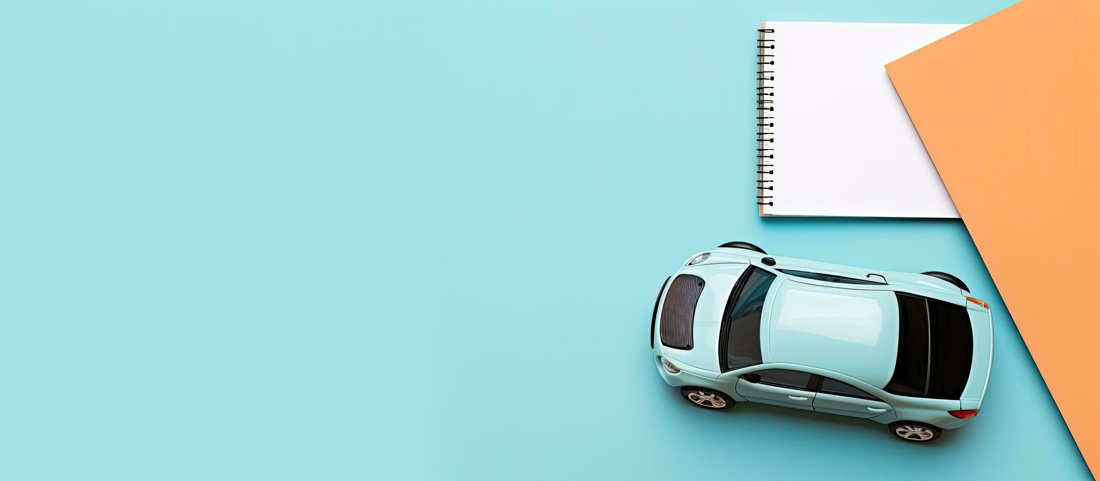 un juguete coche sentado en parte superior de un escritorio siguiente a un cuaderno creado con generativo ai tecnología foto