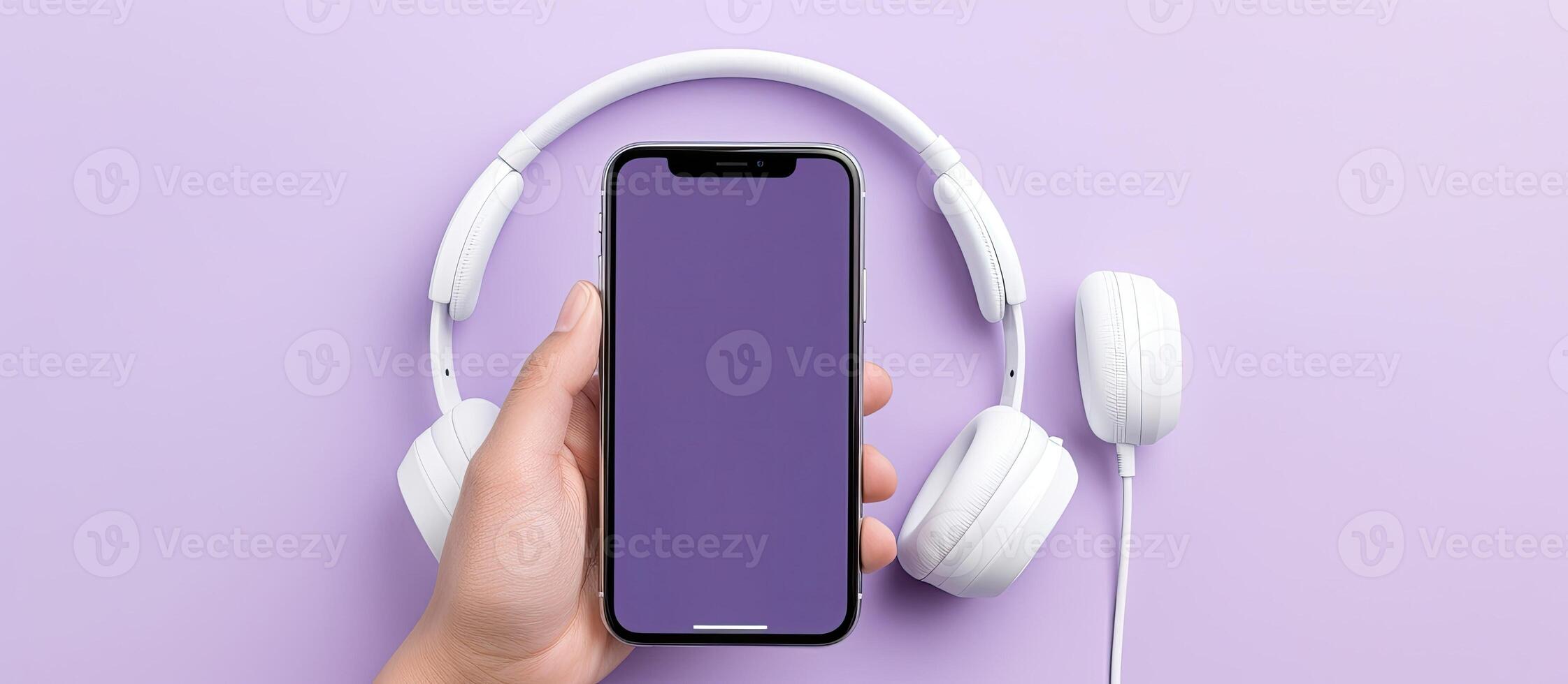 A person holding a phone with headphones on a purple background created with technology photo