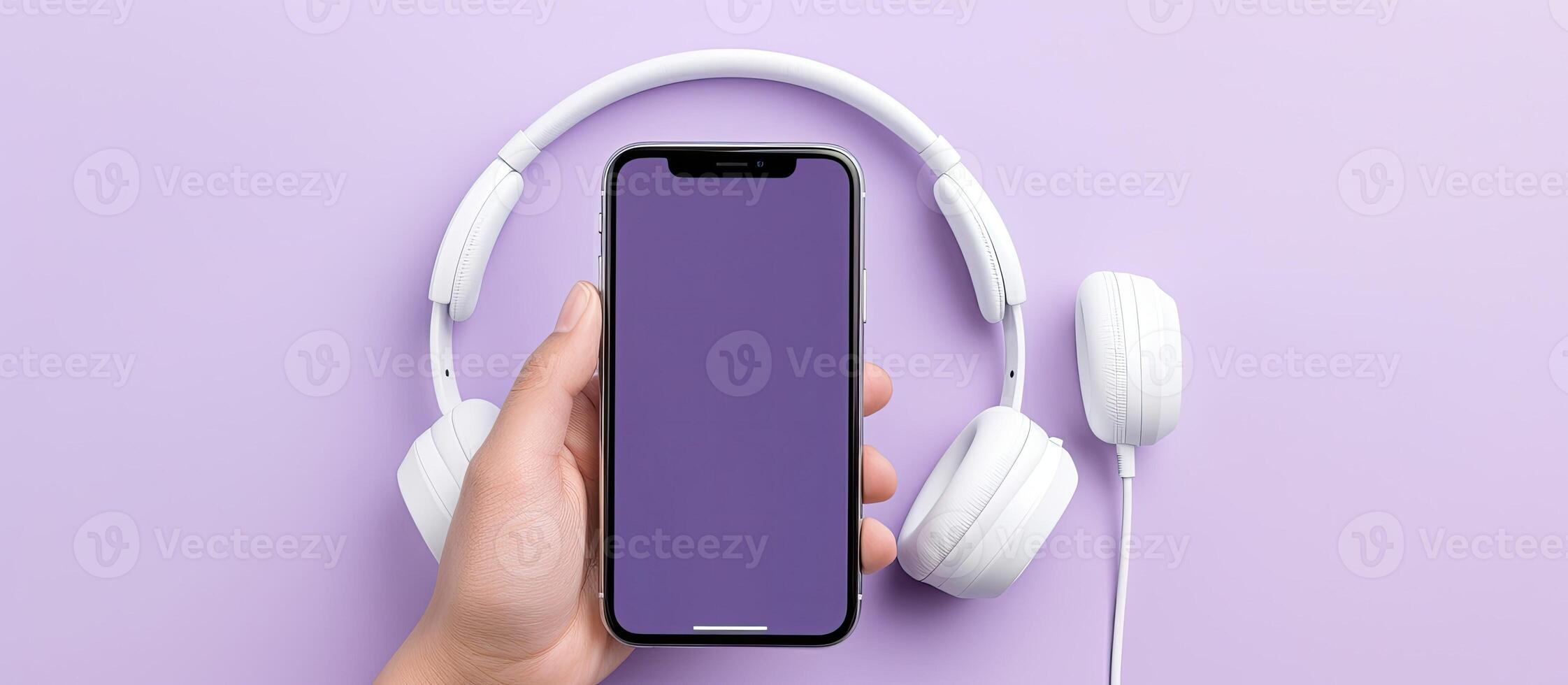 A person holding a phone with headphones on a purple background created with Generative AI technology photo