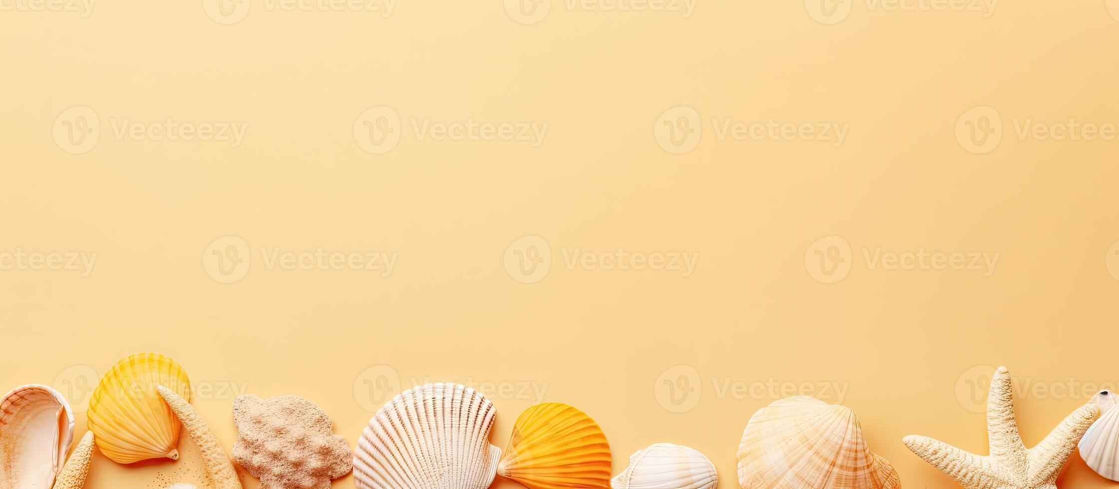 A row of sea shells on a yellow background created with technology photo