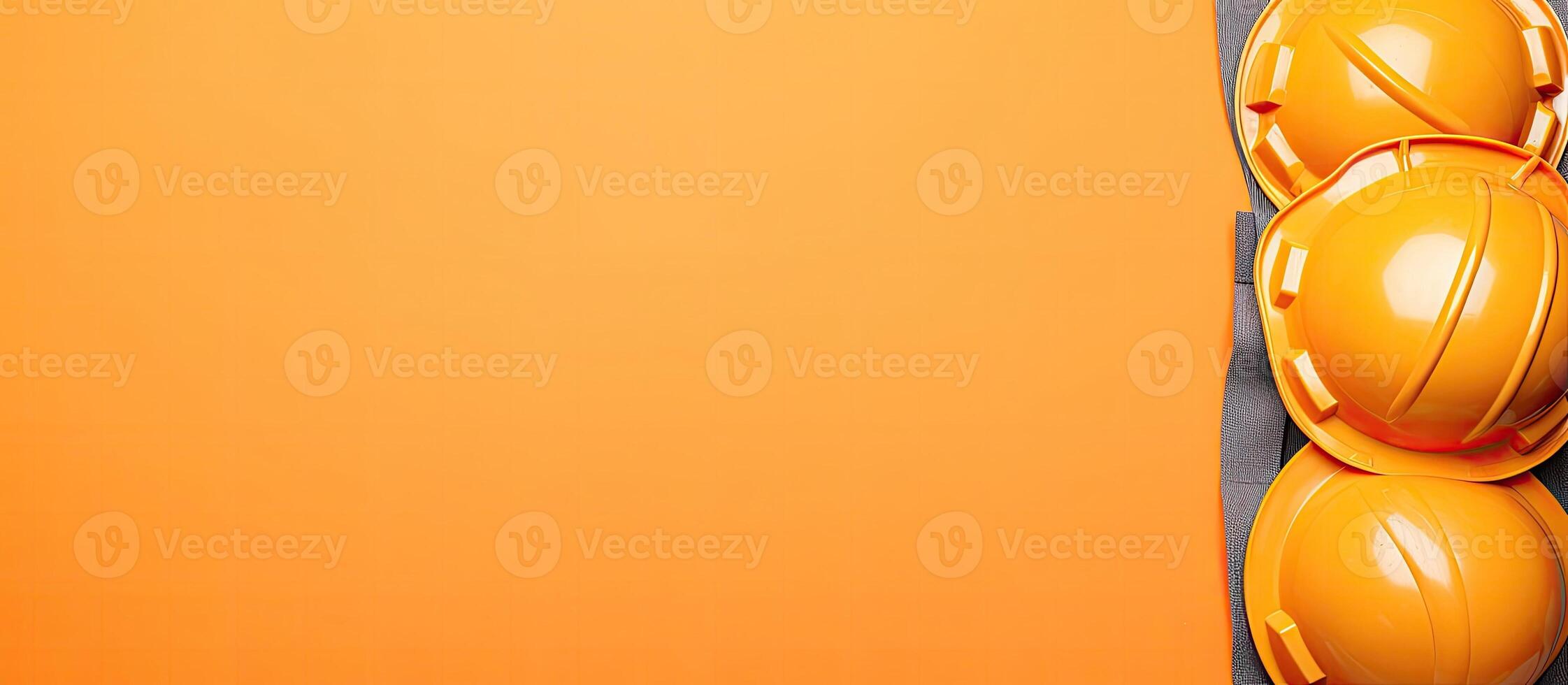 Three yellow hard hats sitting on top of an orange background created with Generative AI technology photo