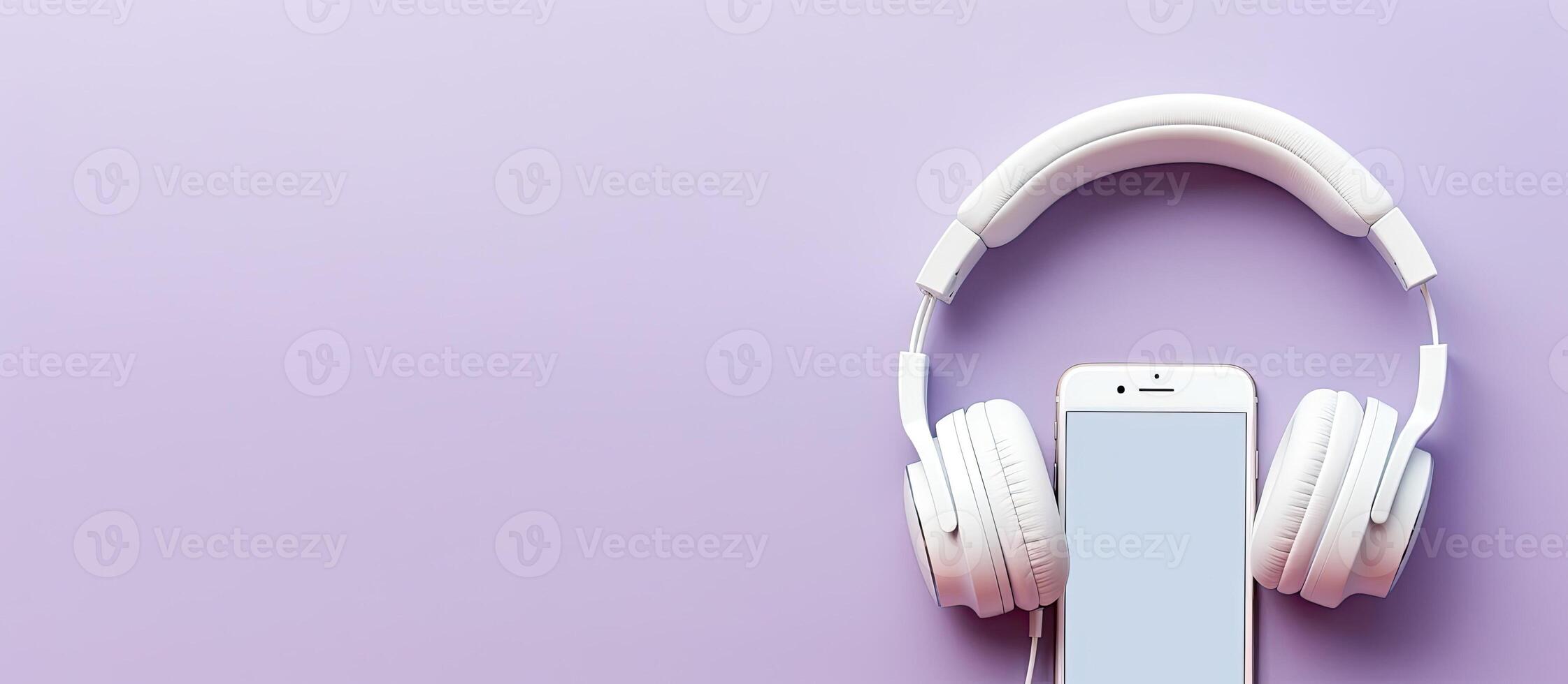 A pair of headphones and a cell phone on a purple background created with technology photo