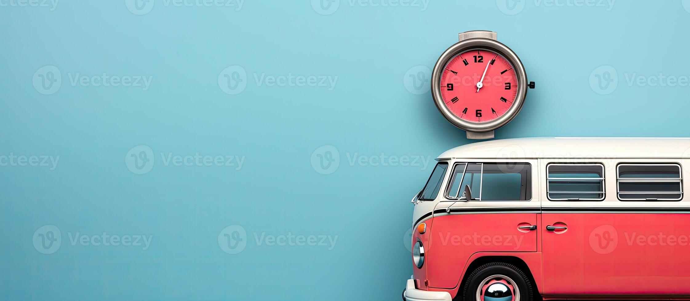 A red and white bus and a clock on a blue wall created with technology photo